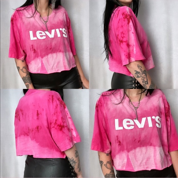 CUSTOM BLEACH ACID WASH LEVIS CROPPED TEE SHIRT - Picture 6 of 6